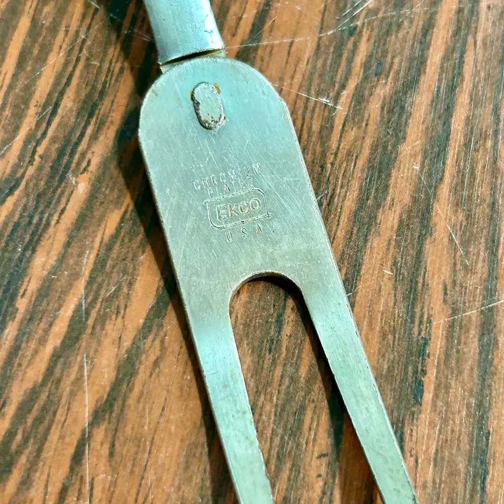 Vintage EKCO Carving Fork – White & Black Handle with Blue Folk Art Design